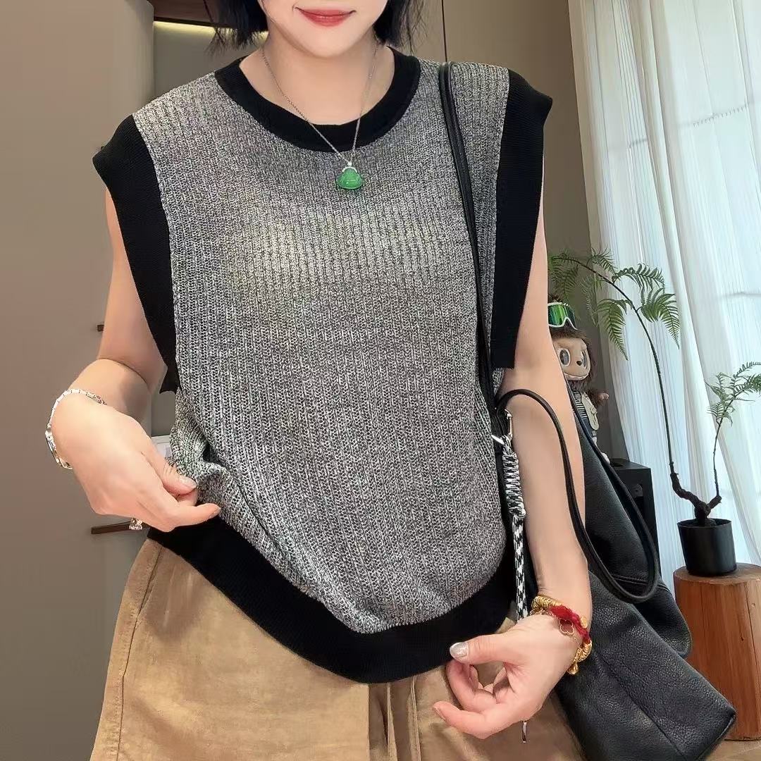 夏季艺术感拼接袖小飞袖拼色套头针织衫5-6-20