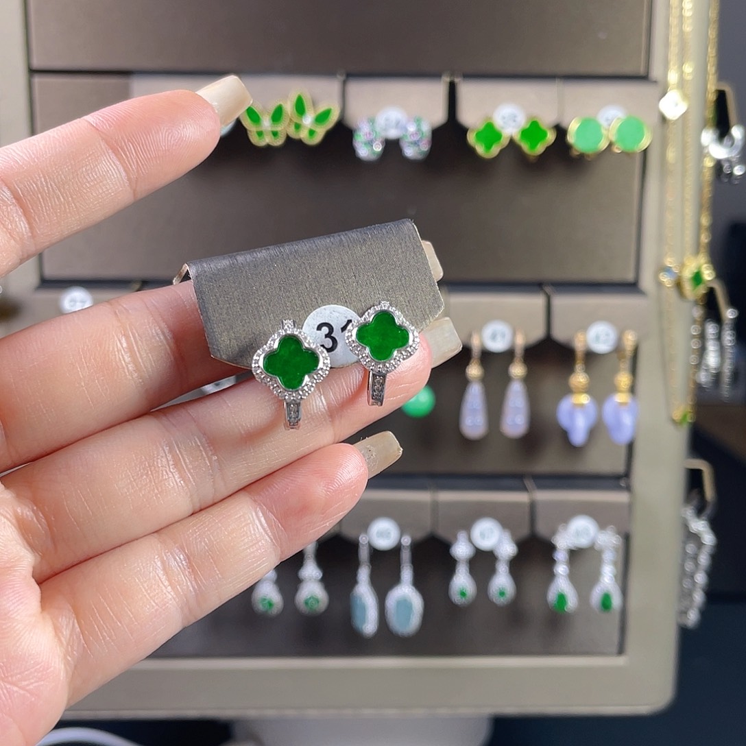 颜***象翡翠银S925镶嵌耳饰缅甸A货