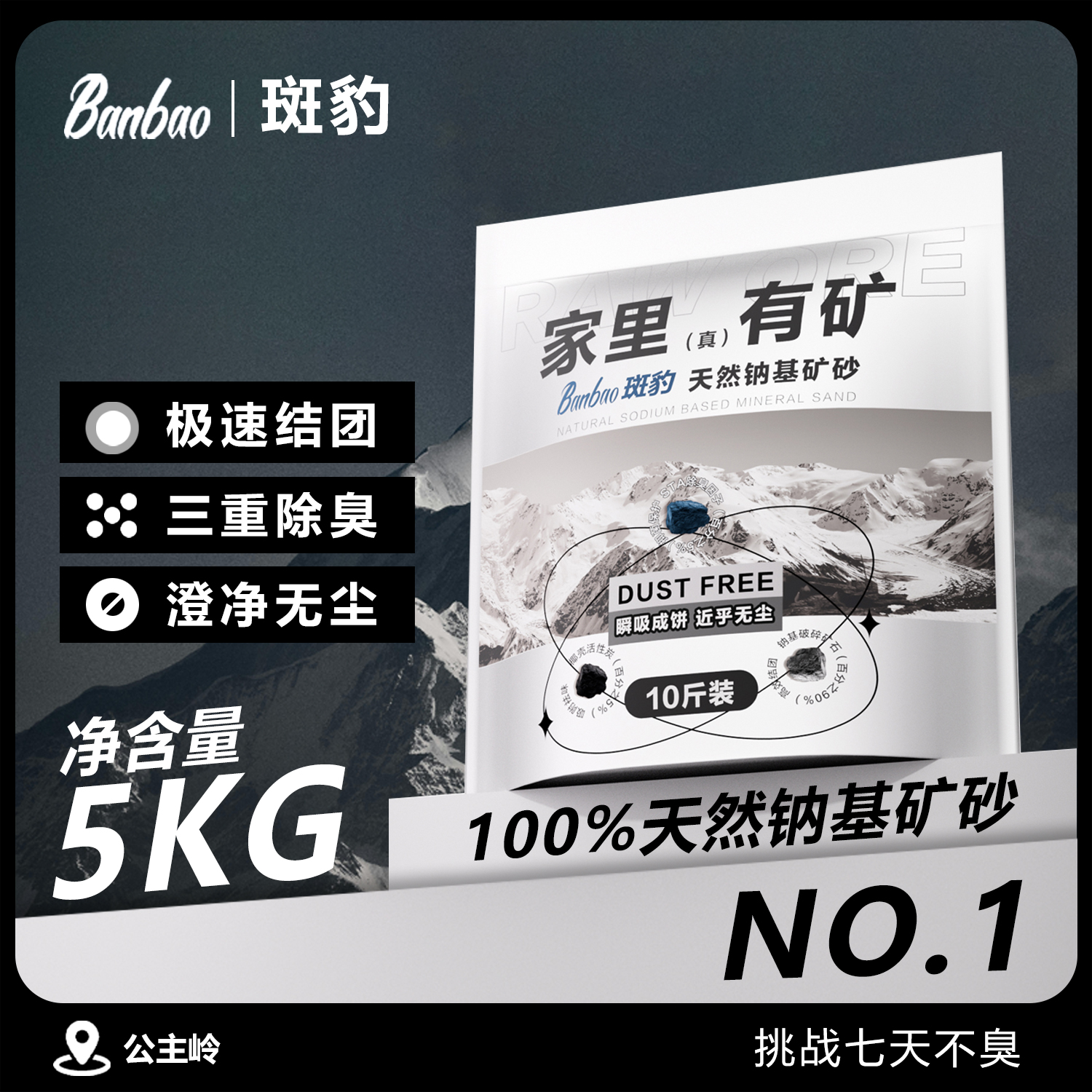 斑豹100%天然钠基矿砂猫砂公主岭矿石除臭吸水结团无尘不粘底5kg