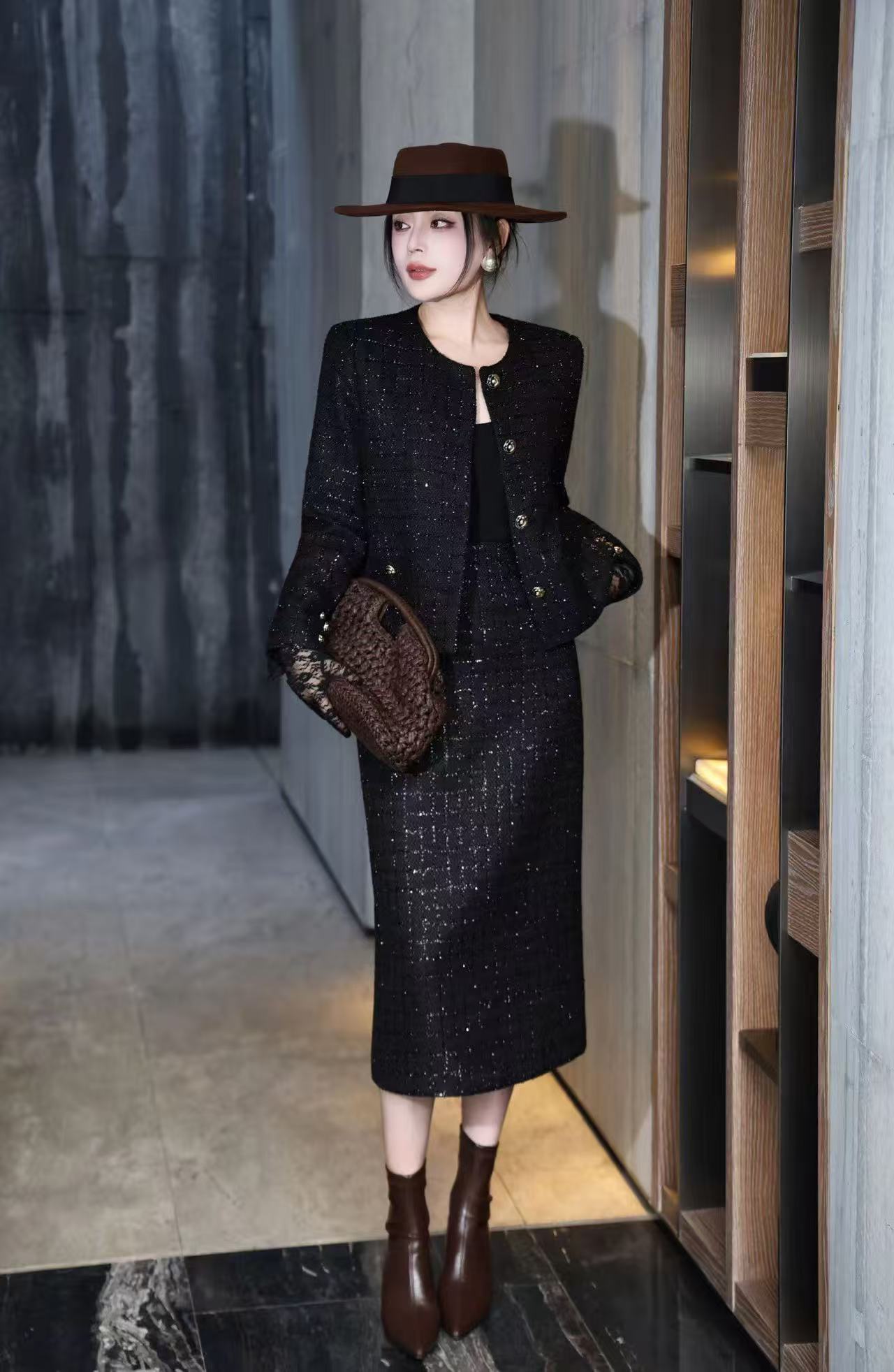 【M】显瘦秋冬裙子套装粗花呢小香风时尚套装26M003