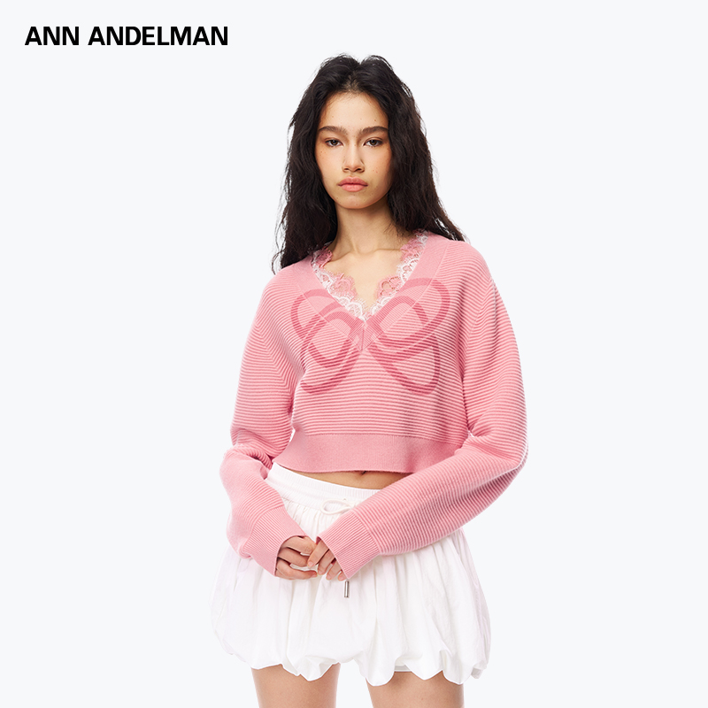 ANN ANDELMAN 2025新款粉色设计感LOGO上衣印花拼接蕾丝短毛衣女