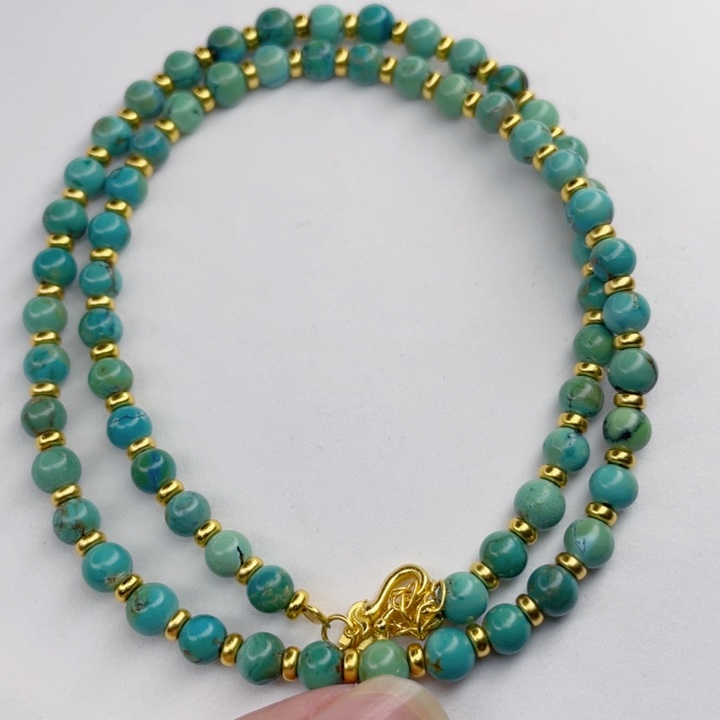 家***宝绿松石银S925镀金镶嵌颈饰