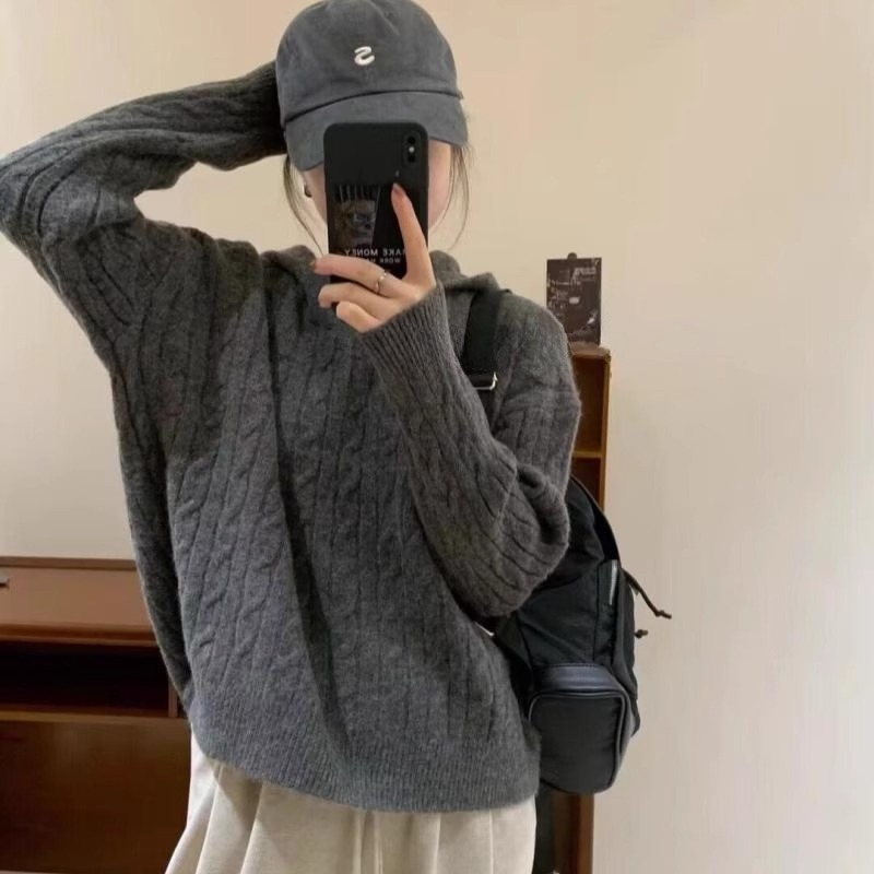 秋冬软糯慵懒风灰色连帽针织衫小个子麻花毛衣外穿长袖上衣新款女