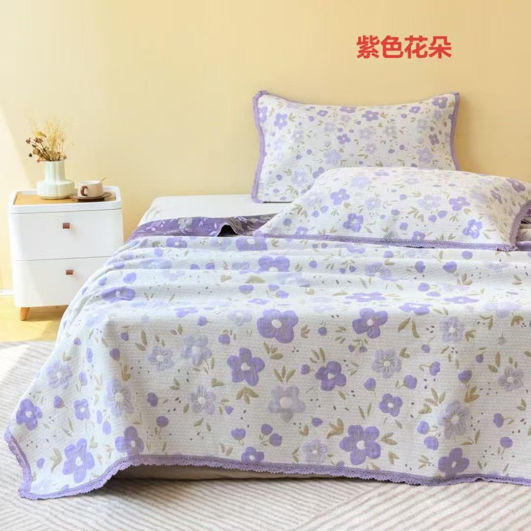 【紫色花朵】220/240韩系全棉4层加厚纱布毯床盖薄被
