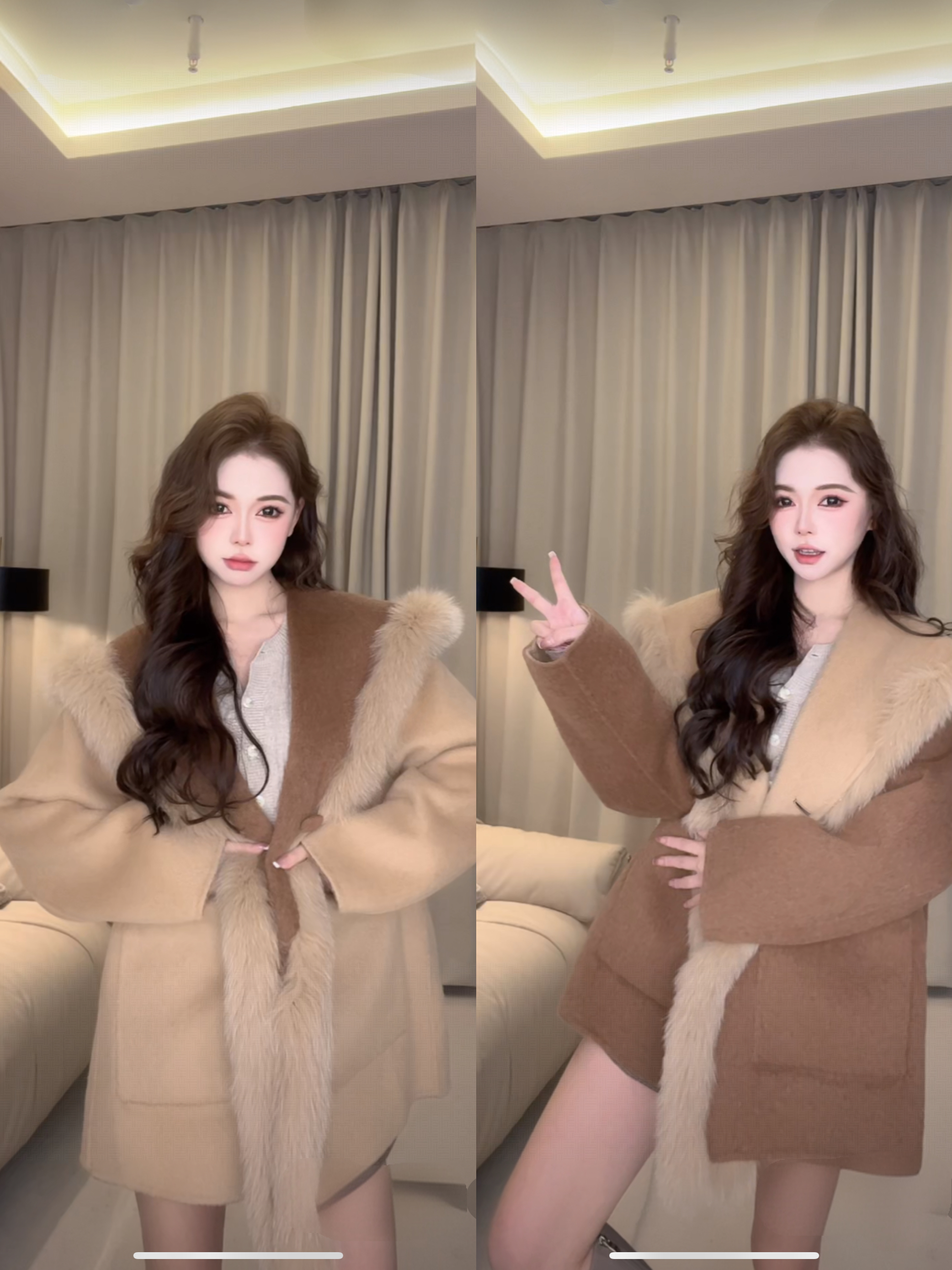 毛呢呢nene / 比弗利山庄 100%頂奢澳洲羔羊毛狐狸毛双面穿呢大衣