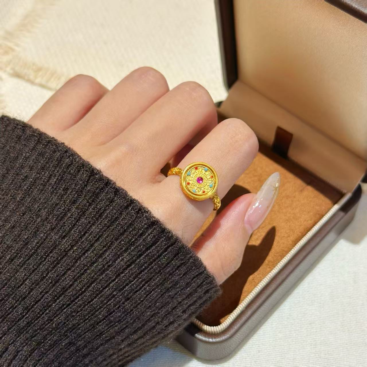 铜合金戒指 佳佳（AL27） 古法八宝罗盘开口戒指
