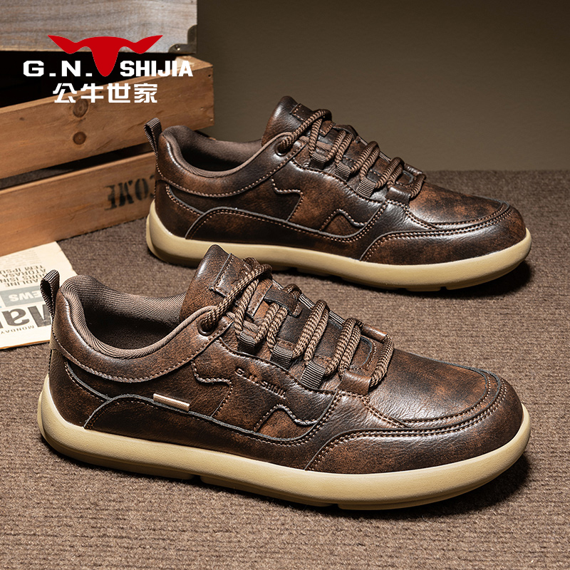 公牛世家男鞋2025冬季新款时尚板鞋低帮软底防滑英伦复古休闲皮鞋