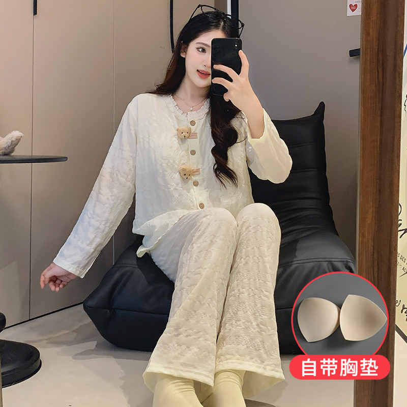 少女带胸垫睡衣秋季新款长袖带胸垫卡通公仔网红家居服套装