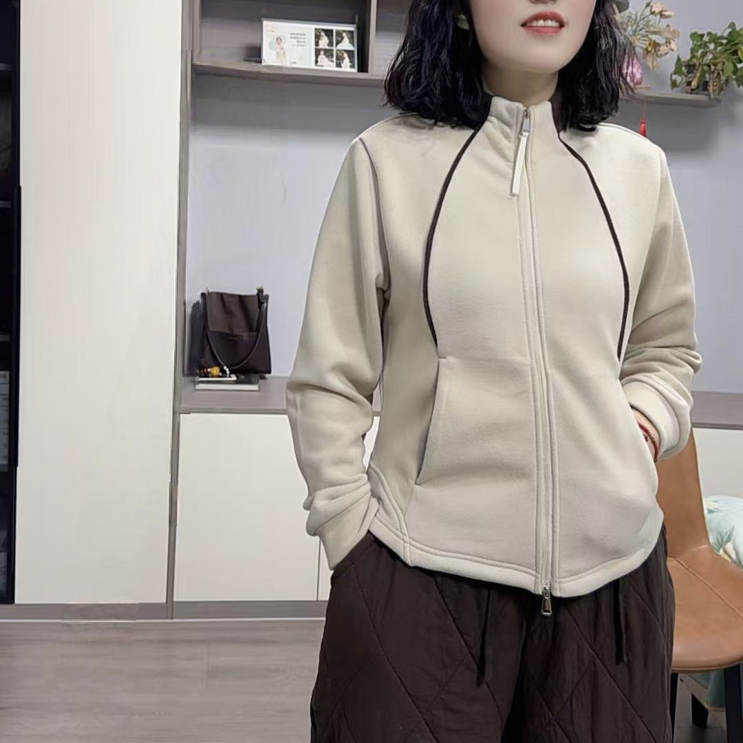 兰薰休闲百搭小蛮腰冬季新款撞色领显瘦舒适双拉链开衫外套1526