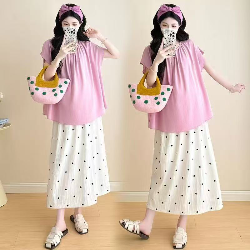 夏季韩版时尚宽松衬衫上衣搭配波点半身裙套装