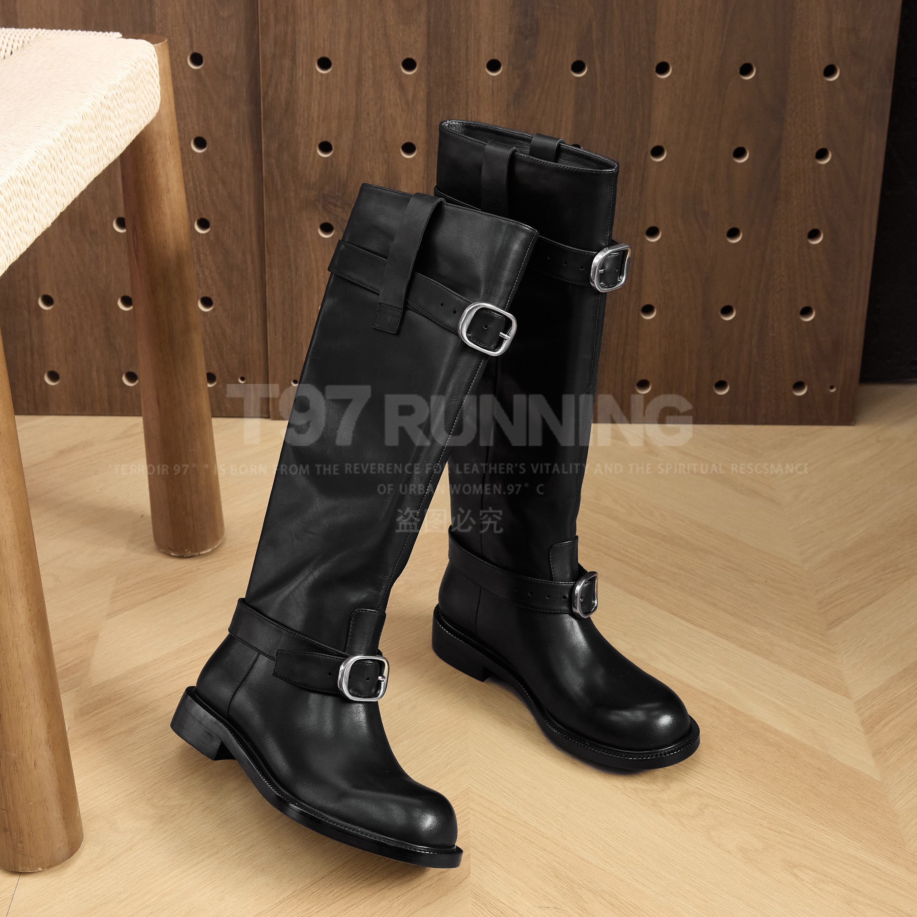 欧洲站时尚圆头粗跟冬季长靴真皮骑士靴百搭女士长筒时装靴G3287