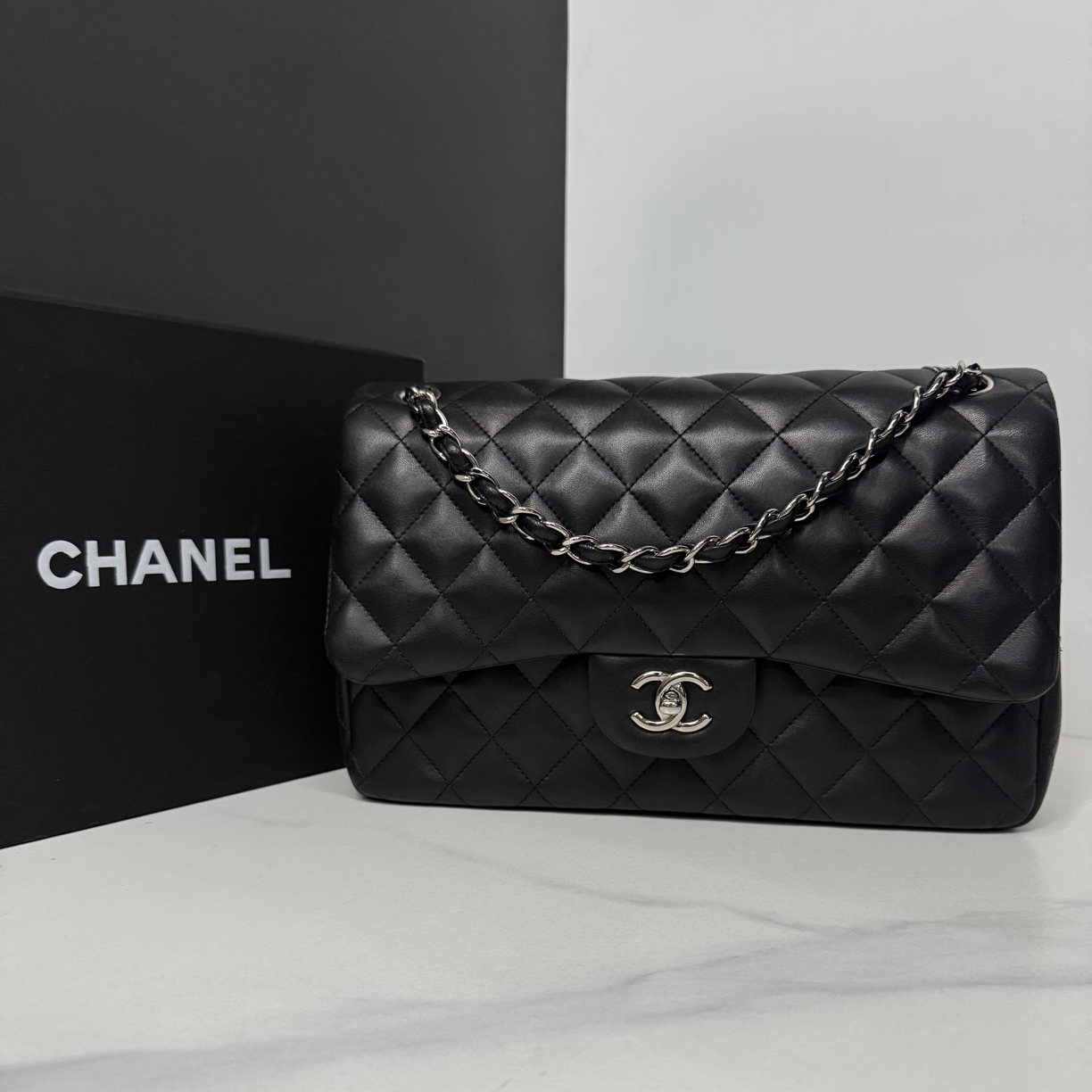 95新 Chanel/香奈儿 黑银羊jumbo包19开30cm/0995111502