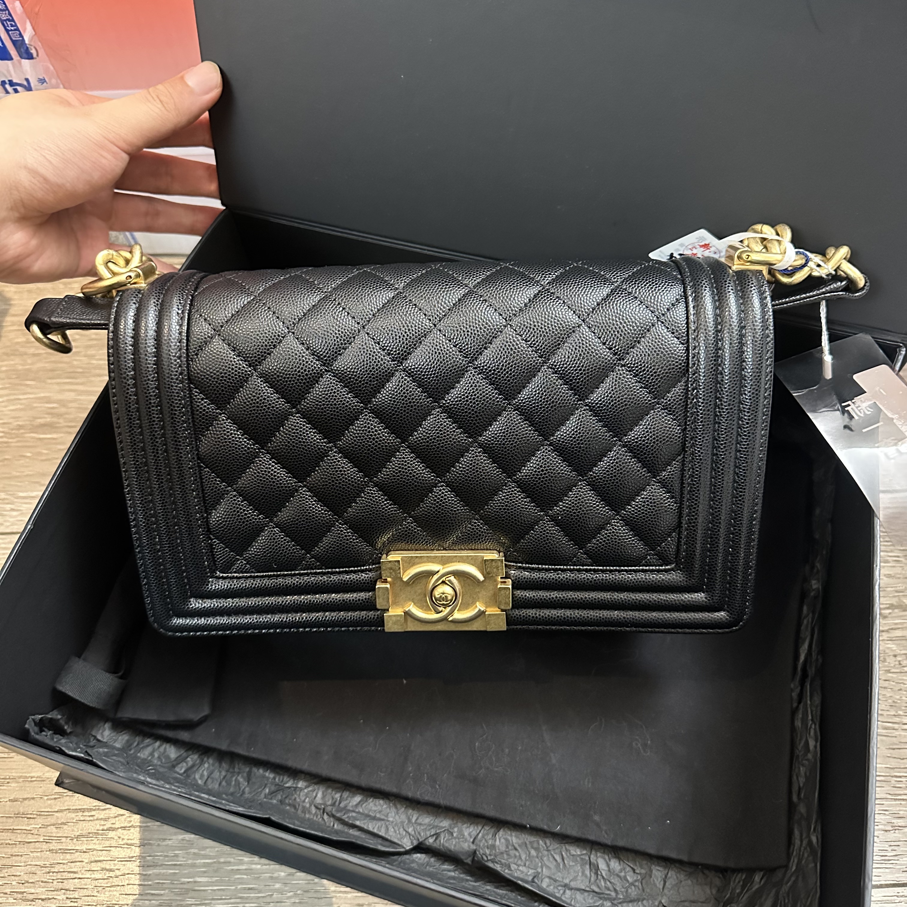95新 Chanel/香奈儿 leboy黑金荔枝牛中号