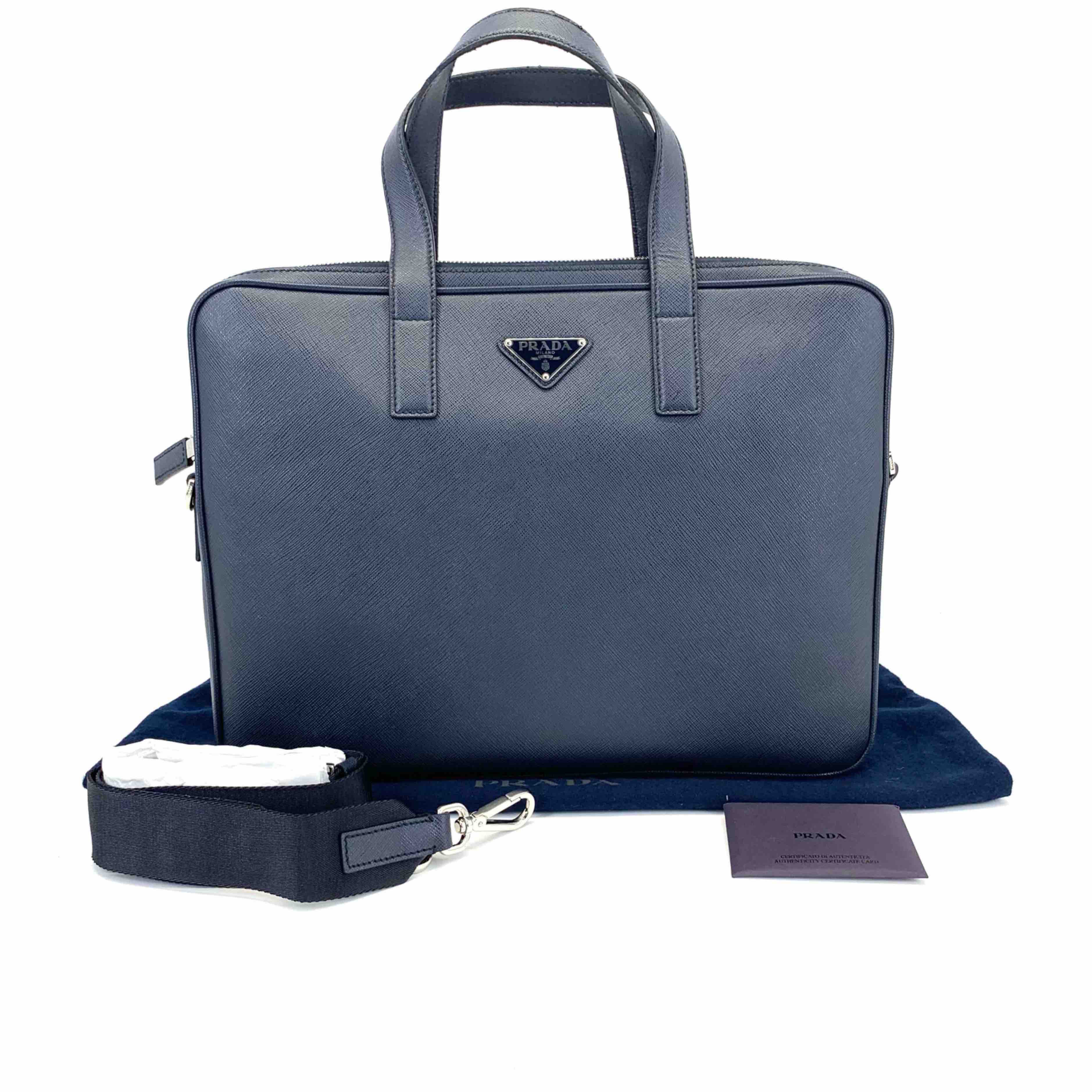 99新 Prada/普拉达 深蓝色全皮手提公文包 尺寸36/27 