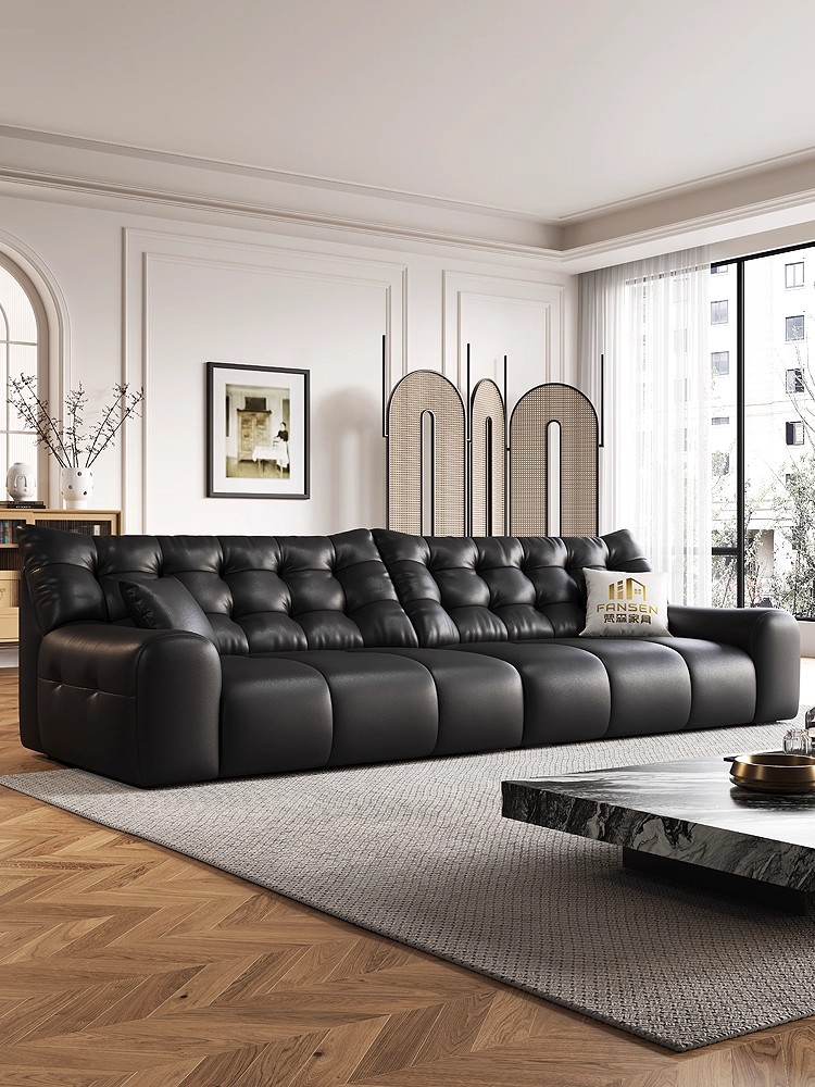 大黑熊真皮沙发客厅意式极简头层牛皮高端黑色直排简约现代小户型