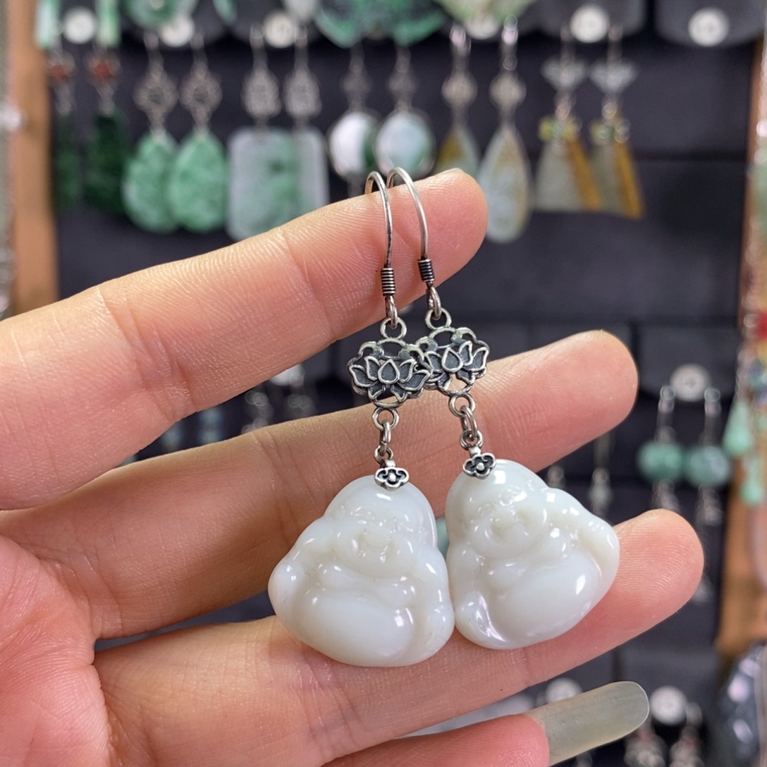 和田玉耳饰银S925镶嵌