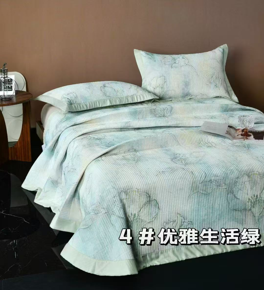 锦氨凉感床盖三件套245*250微瑕～优雅生活绿F203