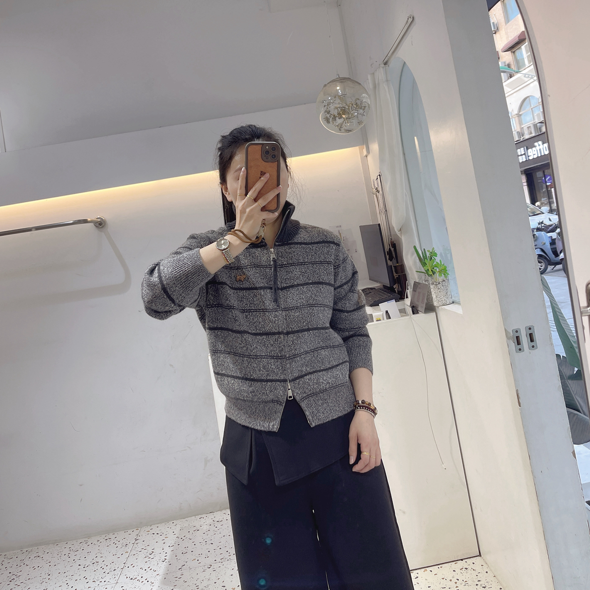 撞色条纹慵懒风双头拉链开衫羊毛衫88023