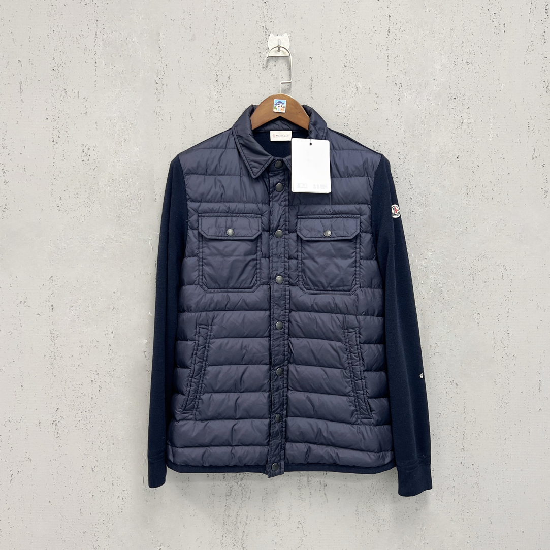 99新 MONCLER moncler蒙口藏青色羽绒拼针织刺绣标外套L码
