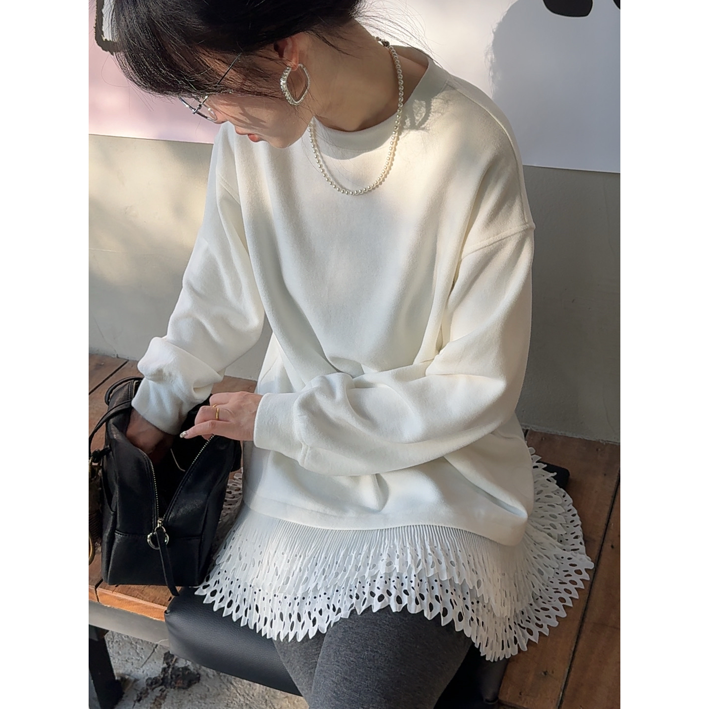 新款韩系双面德绒打底衫设计感显瘦拼接百褶下摆花边中长款TX079