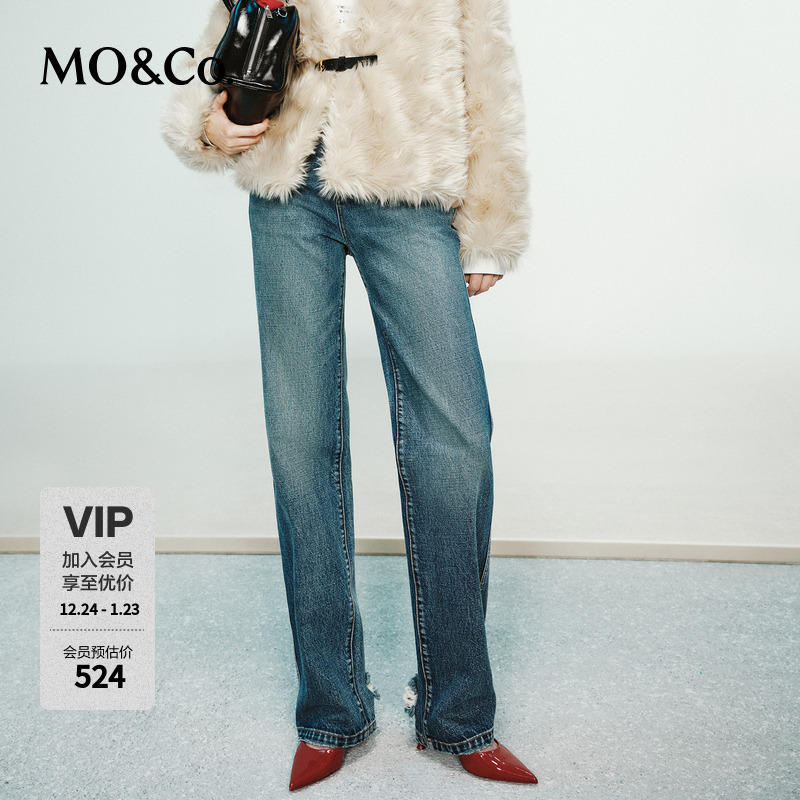 MOCO牛仔裤RECTO设计师联名冬高腰直筒破洞MBD4JEN025