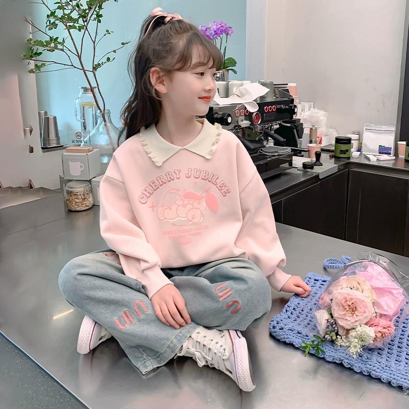 女童洋气卫衣春秋新款儿童翻领长袖加绒加厚上衣中大童冬装打底衫