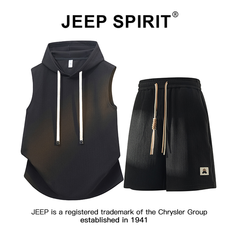 JEEPSPIRIT吉普无袖背心短裤套装夏季新款男士凉感休闲潮流两件套