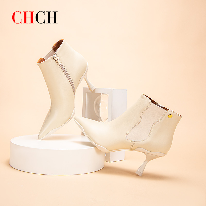 CHCH尖头极简风细跟增高高跟法式短靴气质时尚瘦瘦靴CM2B6101