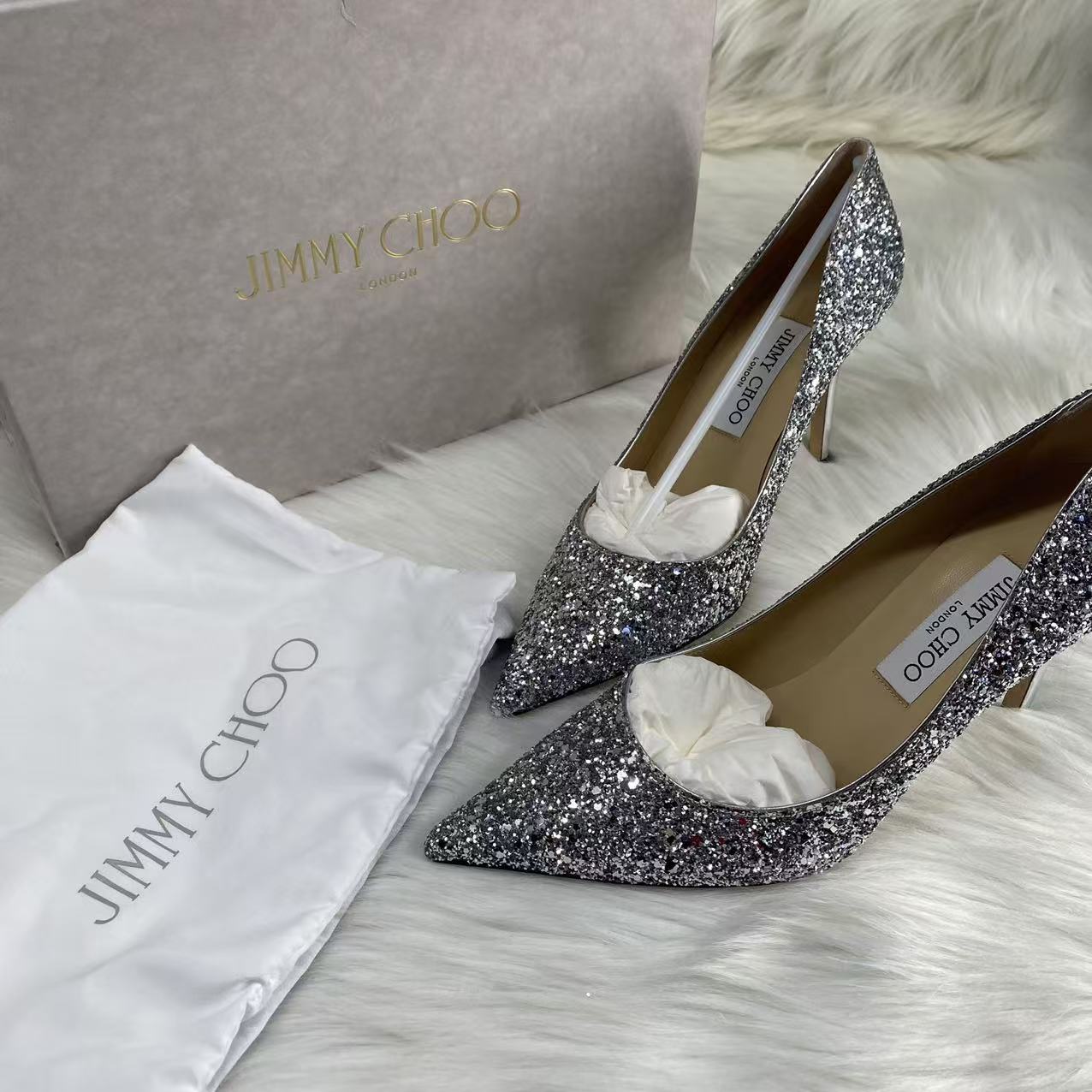 99新 JIMMY CHOO/吉米周 38码/仔仔/全套/银黑色亮片高跟鞋xxs756