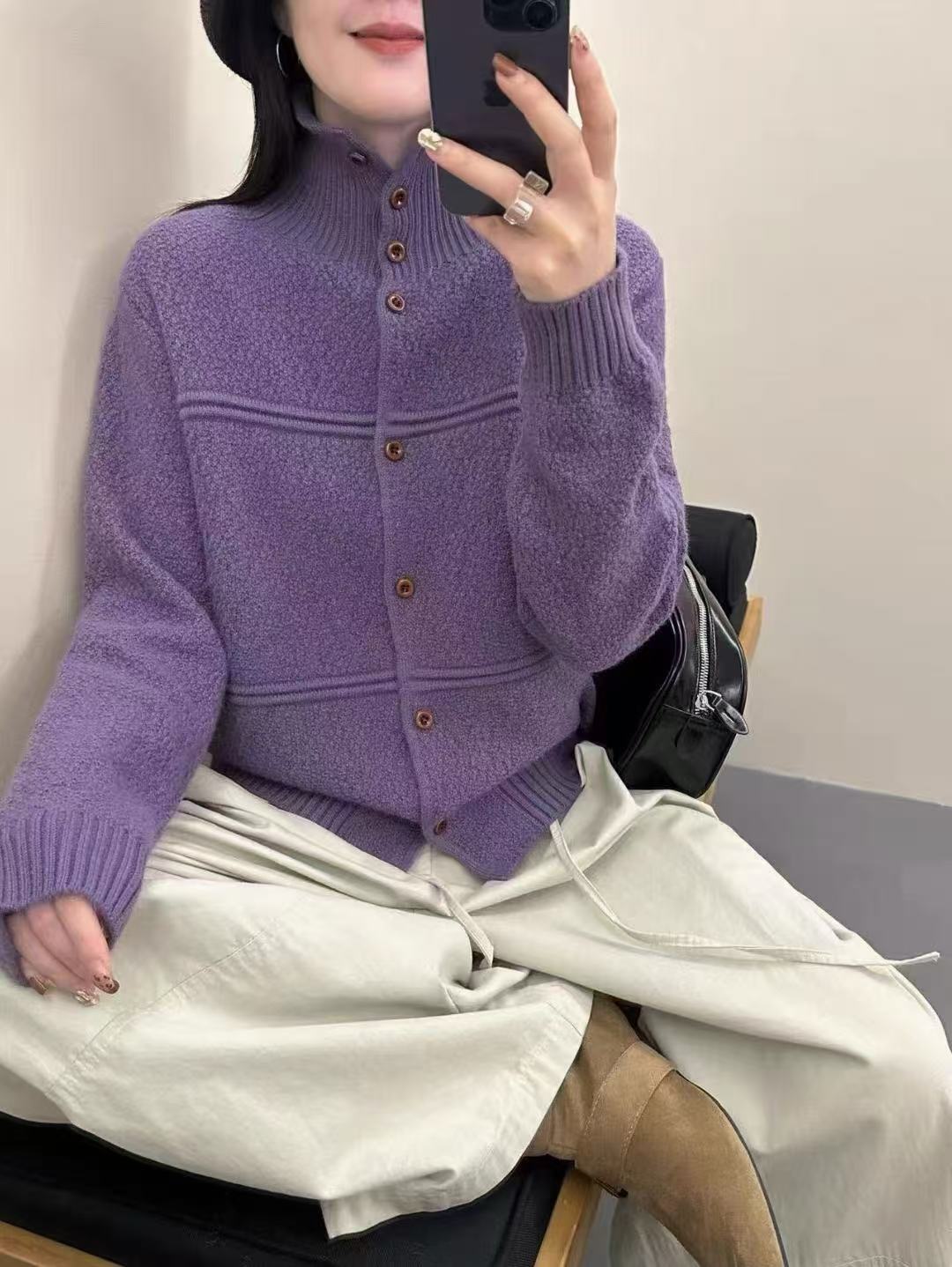 【紫韵-颗粒绒】长袖毛针织衫毛衫针织立领毛衣时尚宽松型针织衫