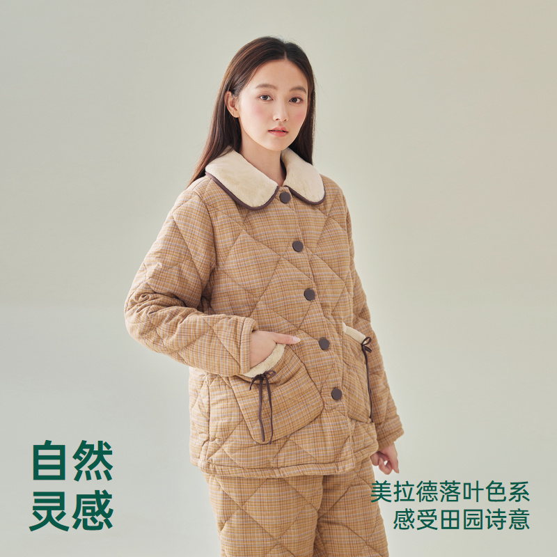 安之伴时尚格子家居服女士冬季三层夹棉锁温睡衣套装82451122699