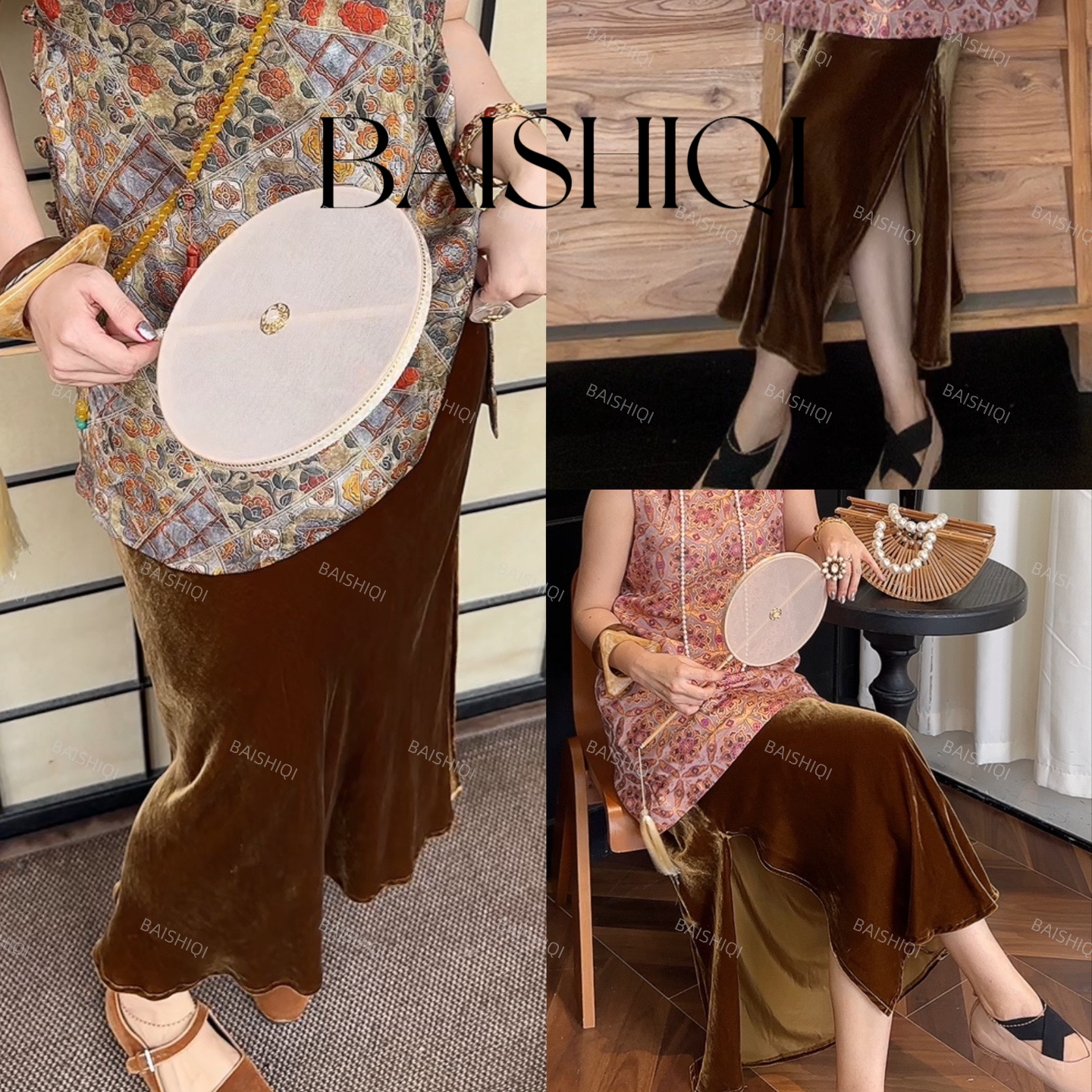 BAISHIQI【丝绒裙】NEW 新中式国风开叉半身裙B03277