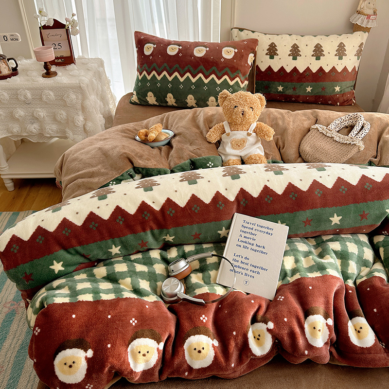 牛奶绒【圣诞派对】四件套美拉德被套床上三件套珊瑚绒床单加厚冬季