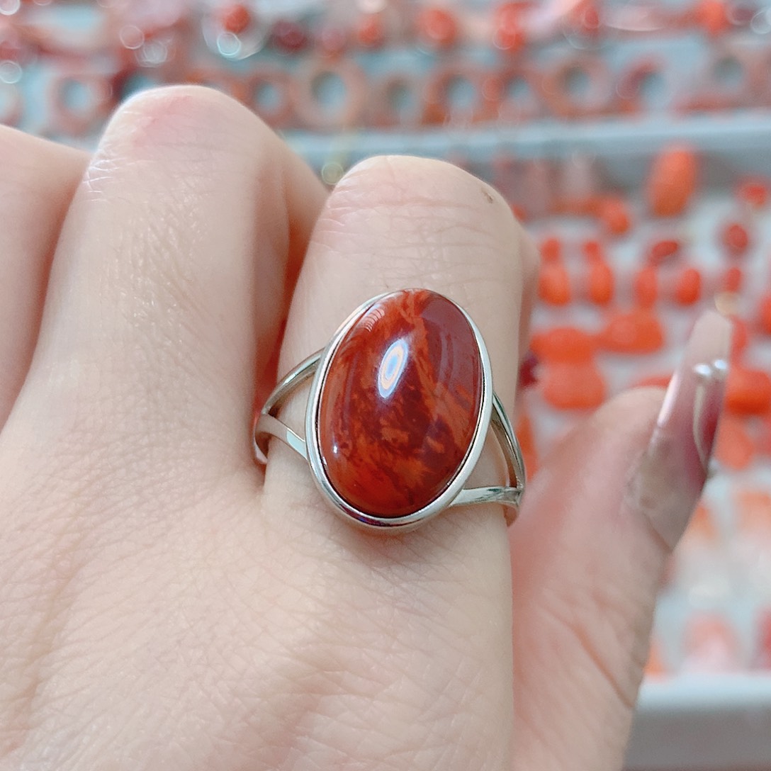 南红玛瑙戒指银S925镶嵌