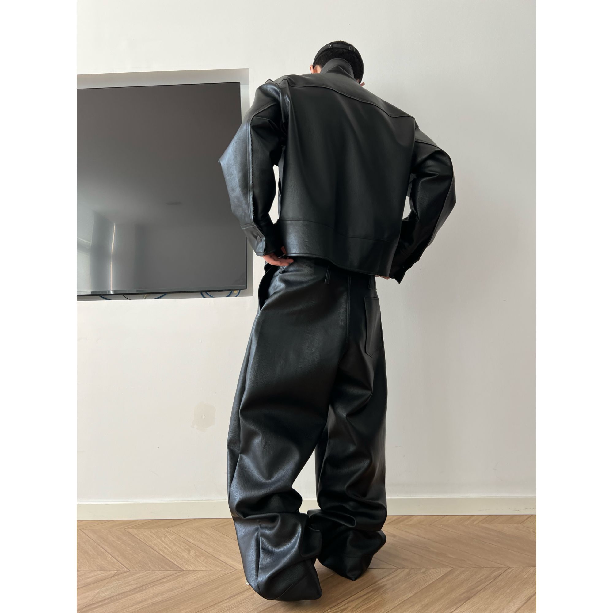 dannyandzee秋季复古宽松百搭毛边拼接PU皮痞帅vibe工装套装819