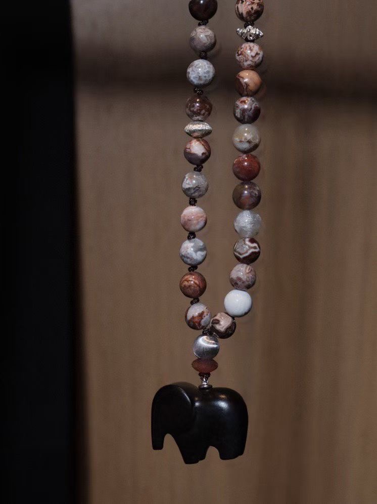 吊坠925银琉璃 UMIYA檀木大象多宝项链