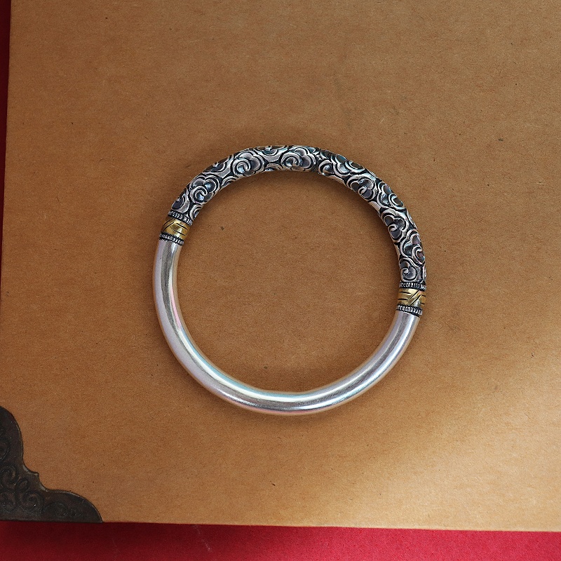 足银手镯 【艾比银】足银999手工錾刻祥云手镯手工金箍棒手镯