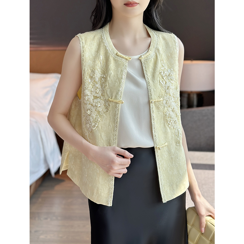 左左家 东方气韵~新中式重工钉珠刺绣高端亚麻提花国风马甲外套女
