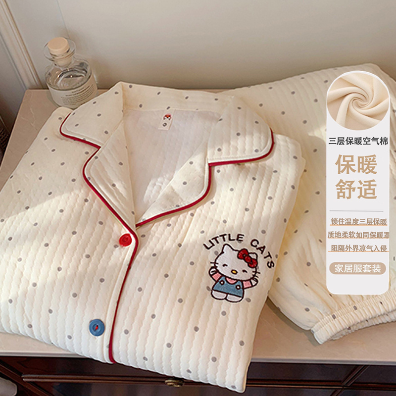 【加厚空气夹层绵】冬季睡衣少女长袖防风保暖秋冬大码家居服两件套