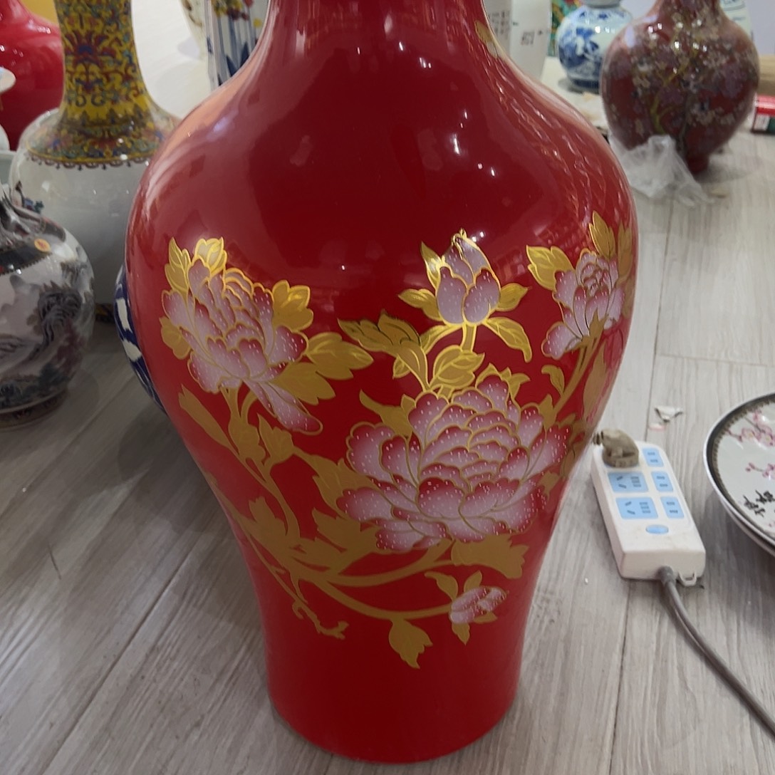 云***心摆件陶两个67cm红花开富贵鱼尾瓶