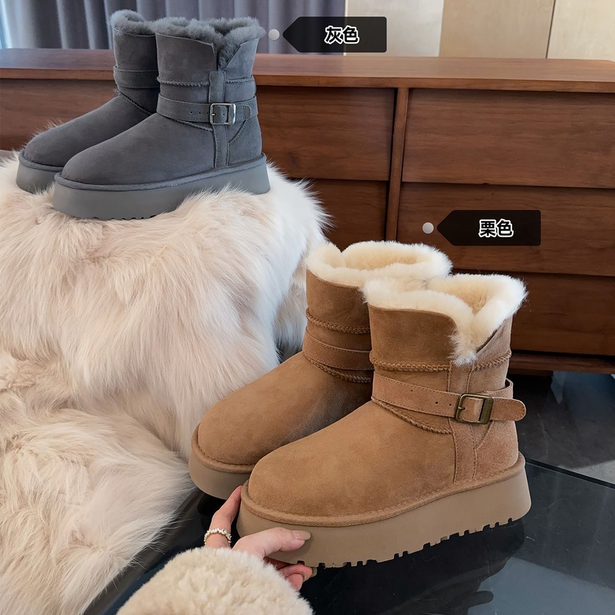 【中筒骑士靴】爆款桑坡羊皮毛一体雪地靴加厚保暖小骑士时尚雪地靴