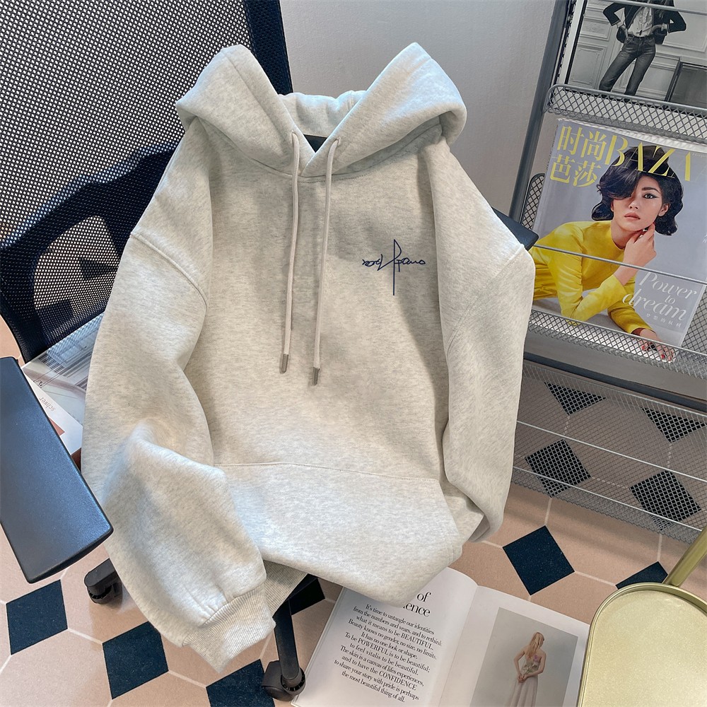 女中大童新款简约字母连帽卫衣女百搭秋冬加绒加厚感超好看上衣潮