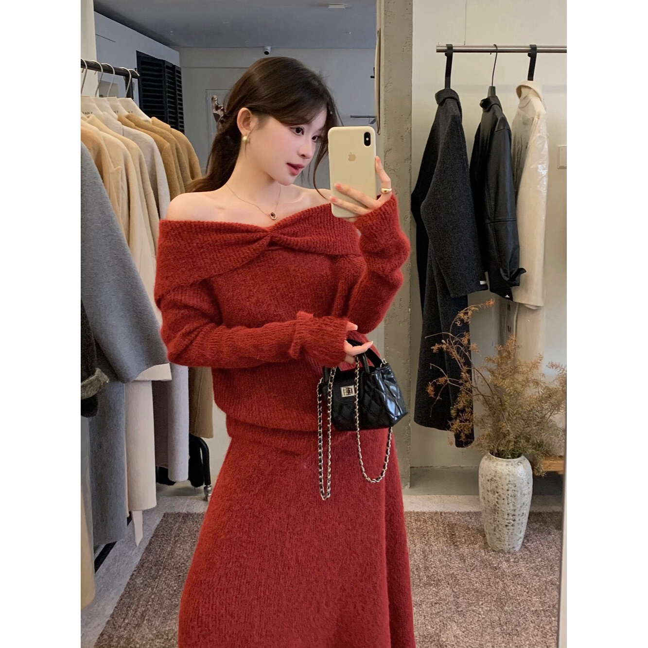 氛围感一字肩纯欲针织毛衣+A字显瘦半身裙套装
