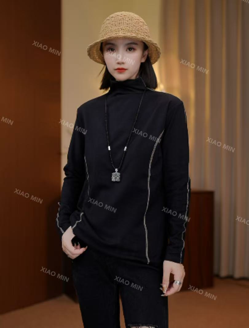 2025秋季新款修身长袖鱼骨线半高领打底上衣女2607