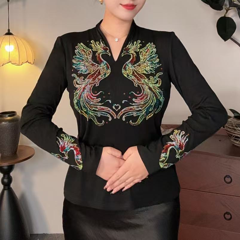 【秋冬新款】新中式国风双凤呈祥洋气重工V领短袖打底女（薄绒）3025