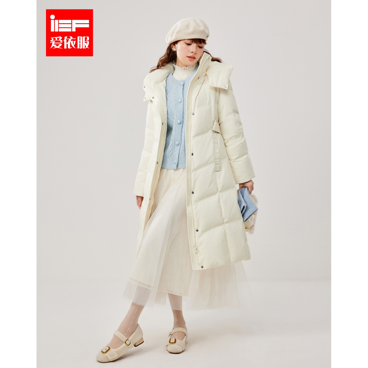 IEF/爱依服2025冬季新款气质修身中长款腰带品牌保暖羽绒服外套女