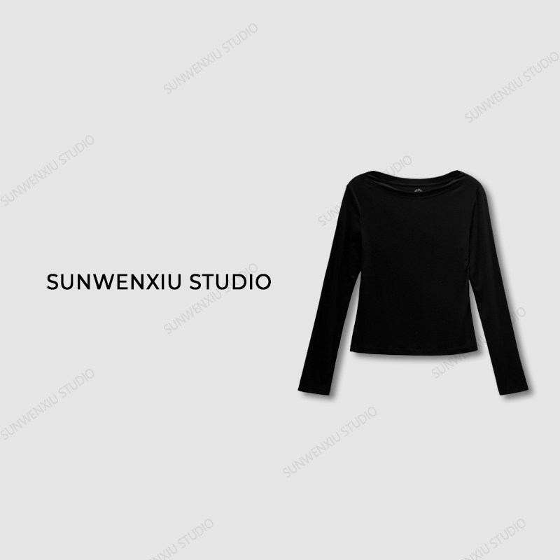 swx studio2店 ”小心机“多穿一字肩打底黑色显瘦T恤