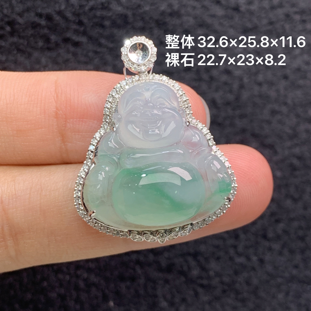 18k金镶嵌天然缅甸翡翠阳绿佛公吊坠32.6×25.8×11.6/22.7×23×8.2