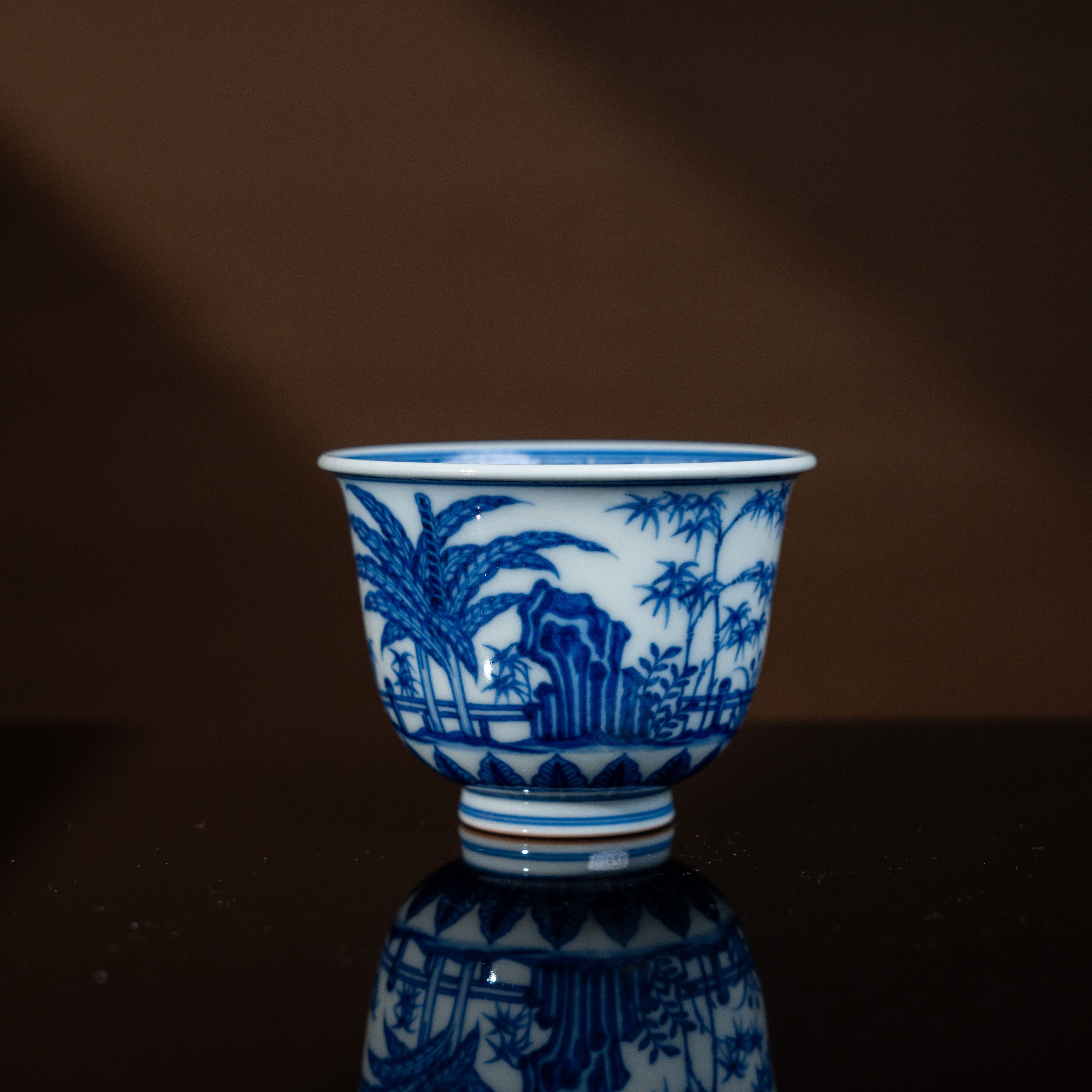 且斋竹石芭蕉杯原矿全手工釉下青花主人杯竹子芭蕉纹岩茶小品杯