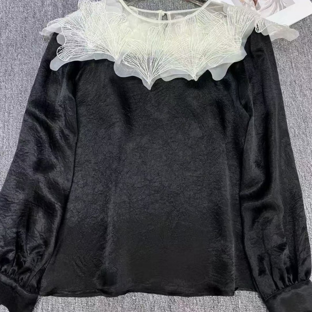 D50385新款蕾丝刺绣网纱拼接宽松法式长袖衬衣